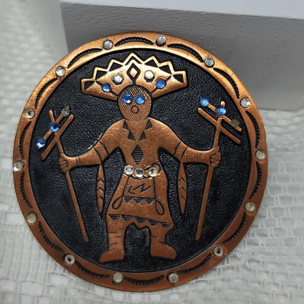Copper Indian Fancy Dancer Pin Brooch Rhinestones - Picture 6 of 7